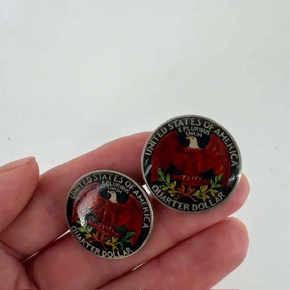 Quarter Dollar Cuff Links Hand painted Enameled Coin Collector Wedding Gift USA